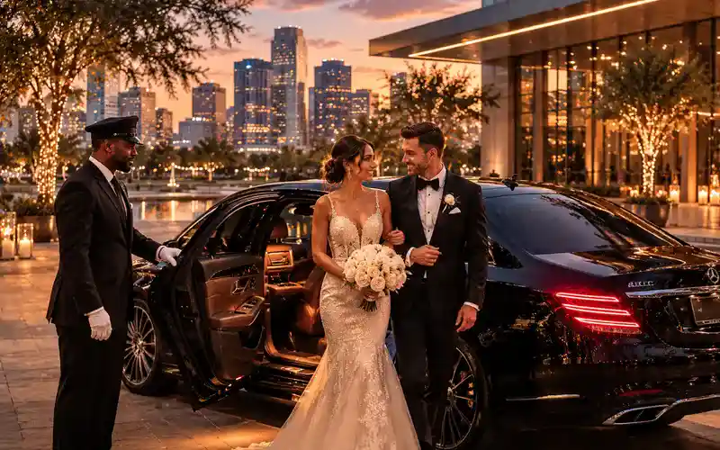 Luxury Houston chauffeur service for wedding events with professional driver assisting an elegant bride and groom beside a premium black sedan